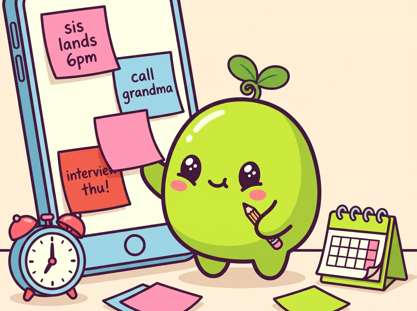 Pimori sticking notes on a giant phone: sis lands 6pm, call grandma, interview thu