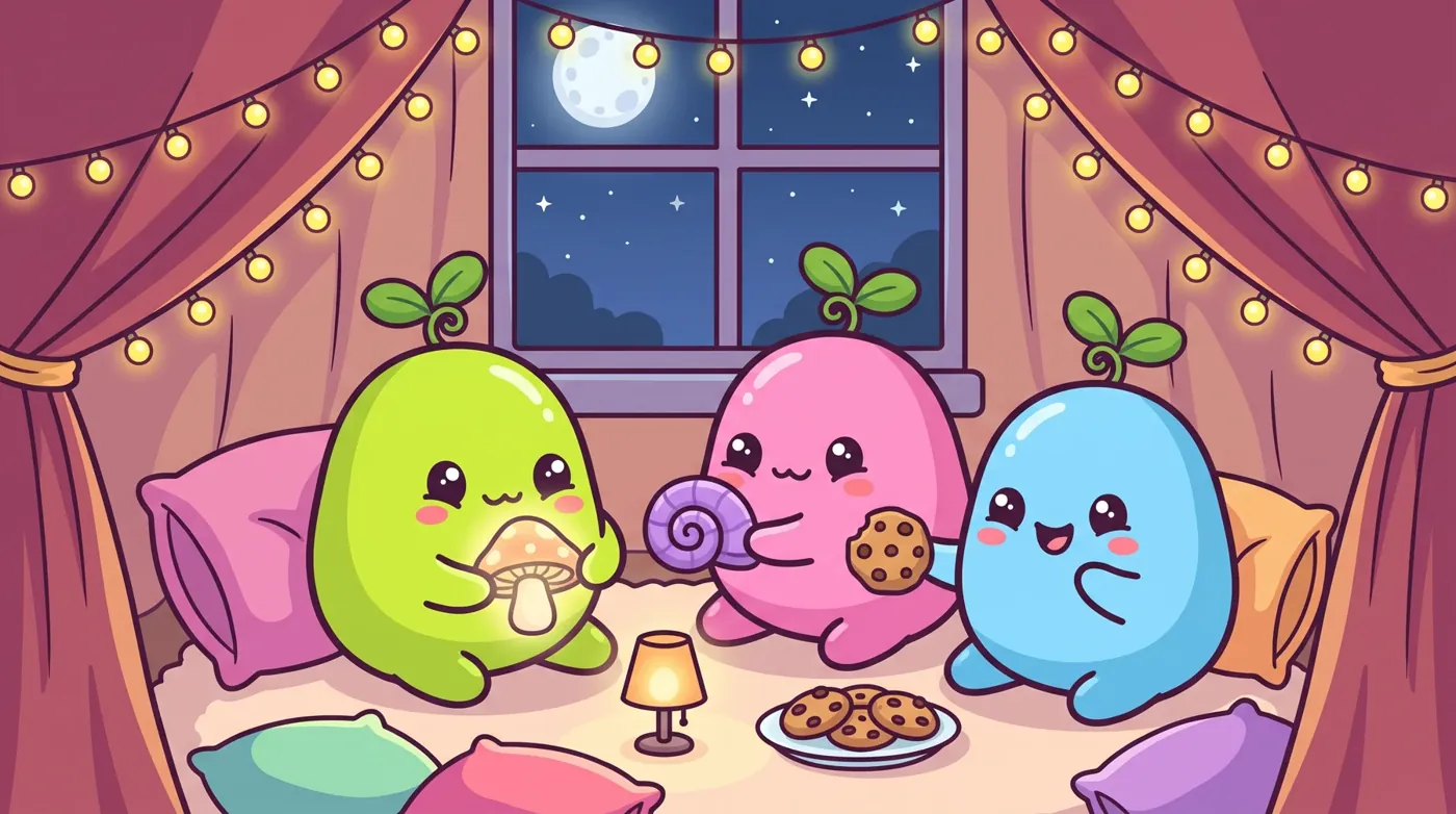Lime, pink and blue Pimoris at a blanket-fort sleepover trading a shell, a cookie and a glowing mushroom