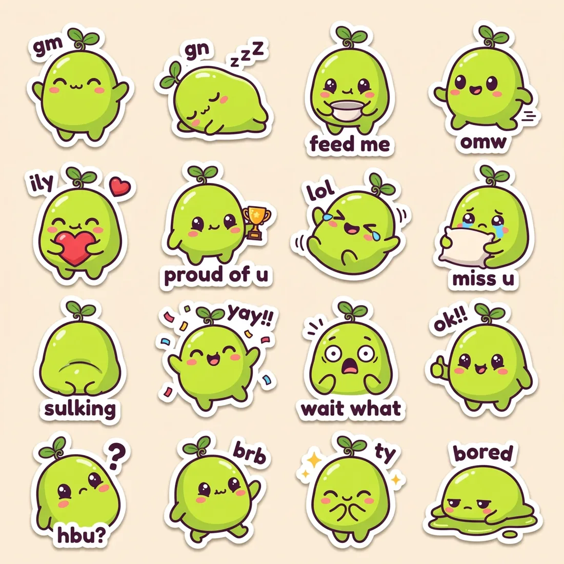 Sticker pack with Pimori saying gm, gn, feed me, omw, ily, proud of u, lol, miss u and more