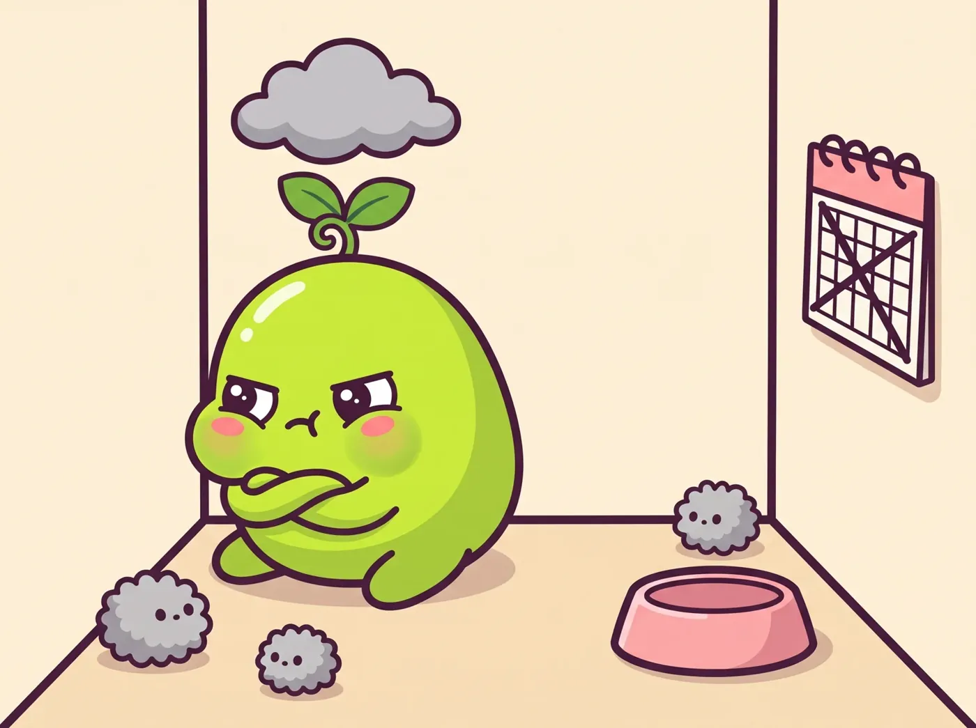 Pimori sulking with arms crossed next to dust bunnies and an empty food bowl